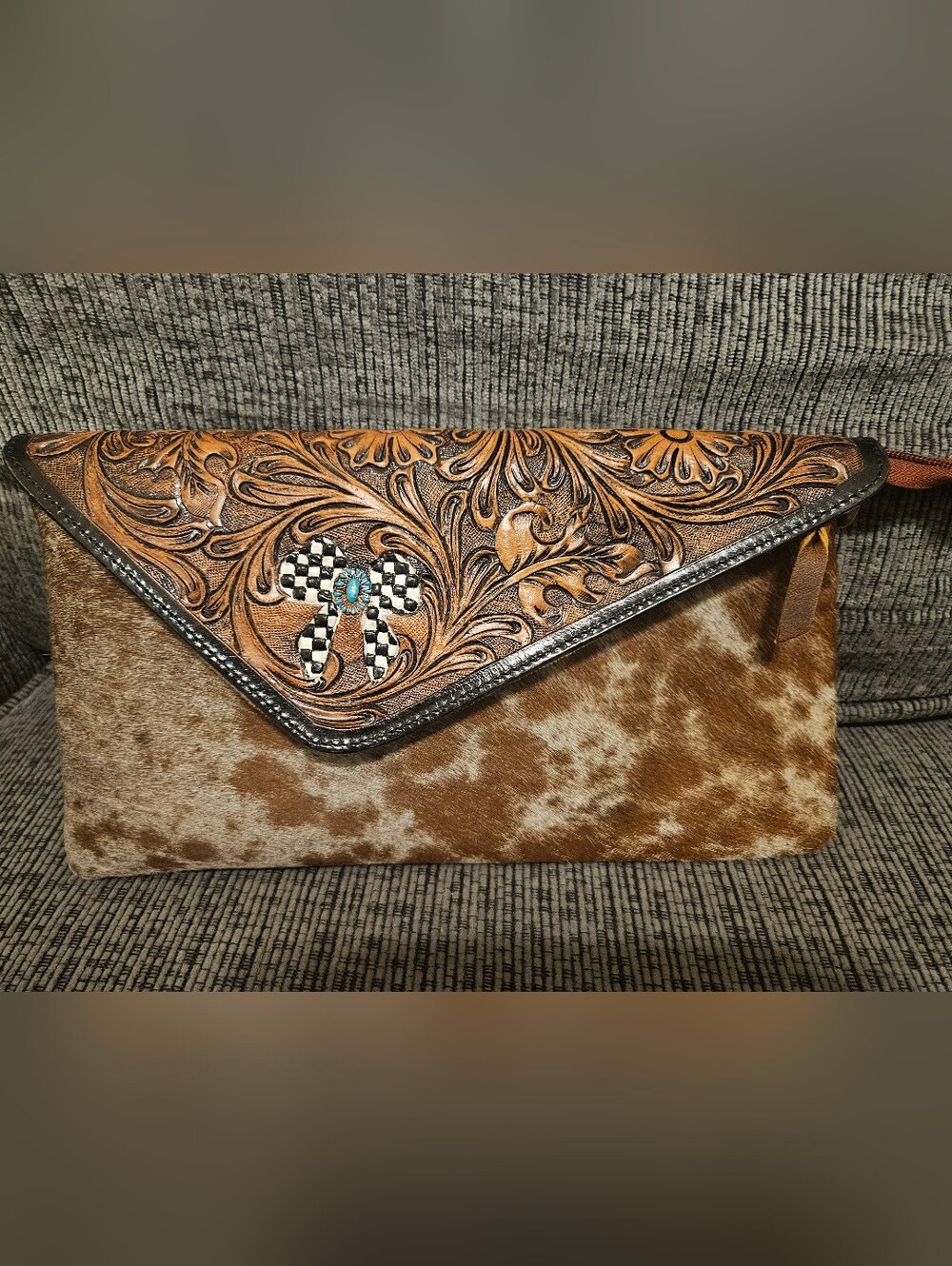 Tooled Leather & Hair-on Hide Envelope Clutch with Checkered Cross Accent
